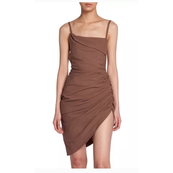 Jacquemus Dresses & Skirts - Jacquemus Brown Ruched Asymmetrical Hem Spaghetti Strap Dress